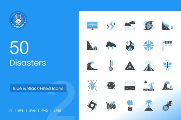 50 Disasters Blue Black Icons: Essential Graphics