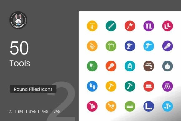 50 Tools Flat Round Icons: Graphics for Branding